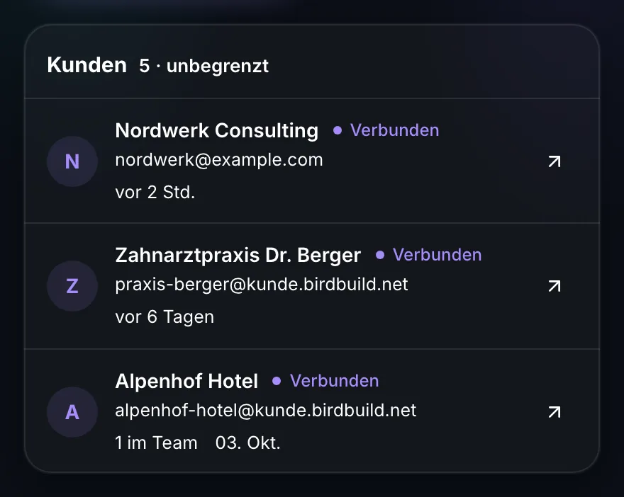 BirdBuild Agentur-Bereich: Kundenliste mit Status
