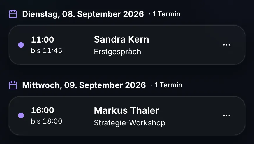 Terminliste mit gebuchten Terminen