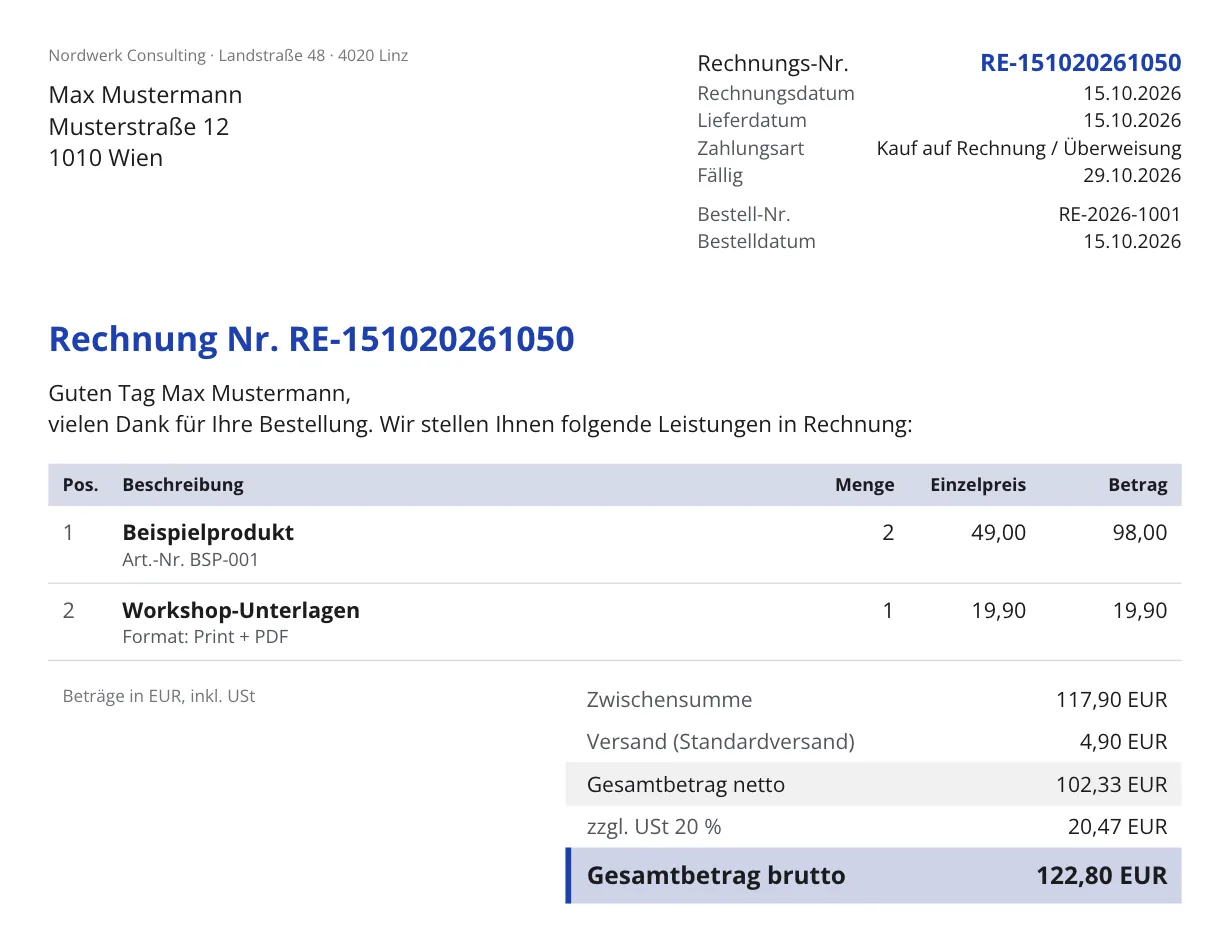 BirdBuild Rechnungs-Vorschau mit Positionen, Versand und Umsatzsteuer