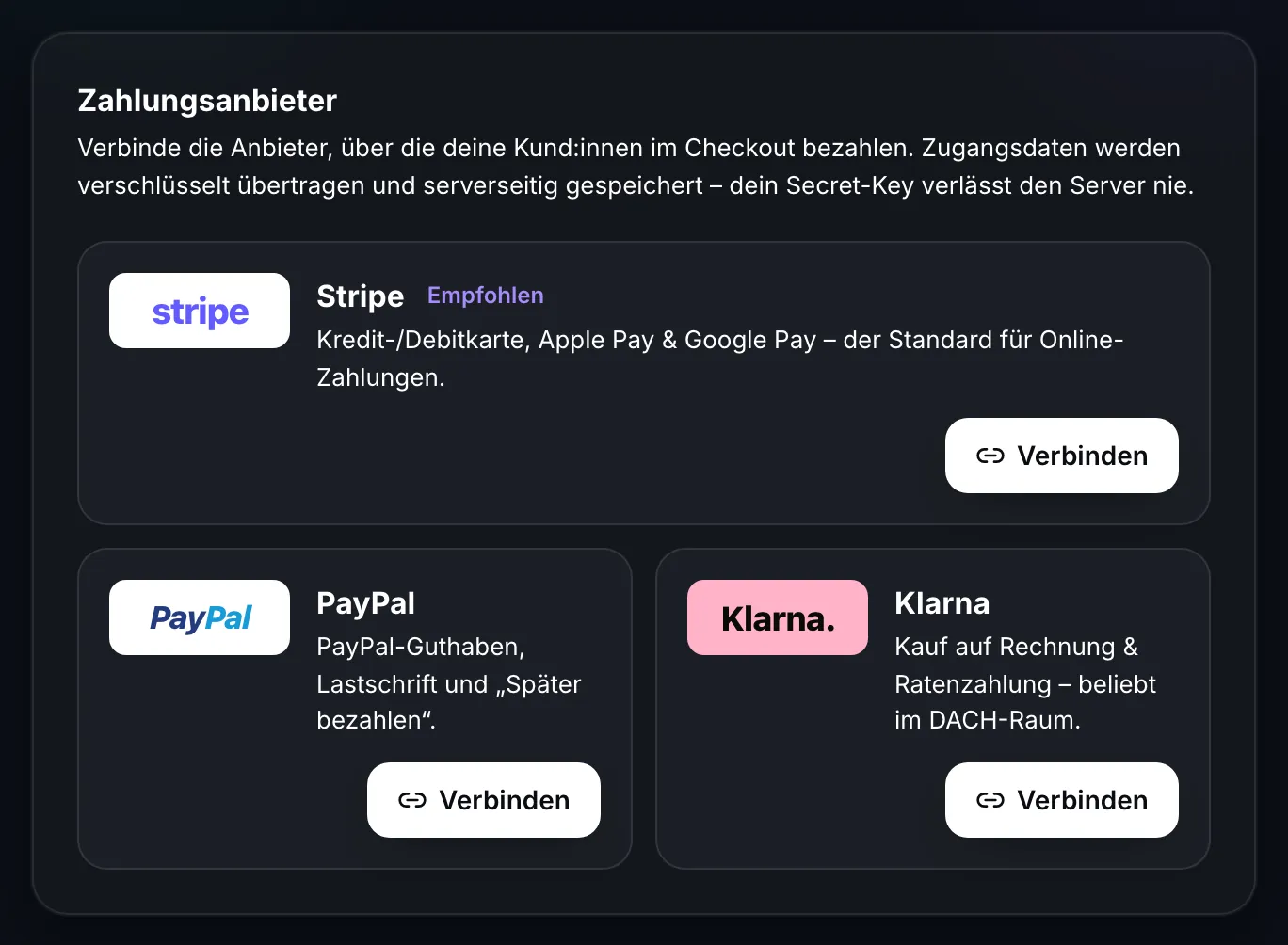 BirdBuild Zahlungsanbieter: Stripe, PayPal und Klarna