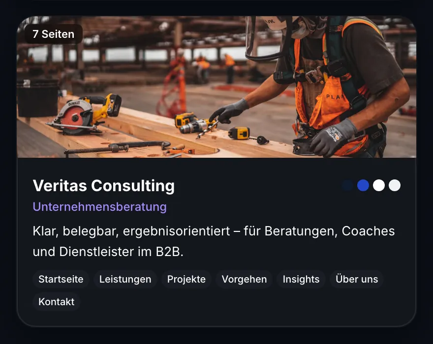 BirdBuild Business-Vorlage „Veritas Consulting“ mit Seitenliste